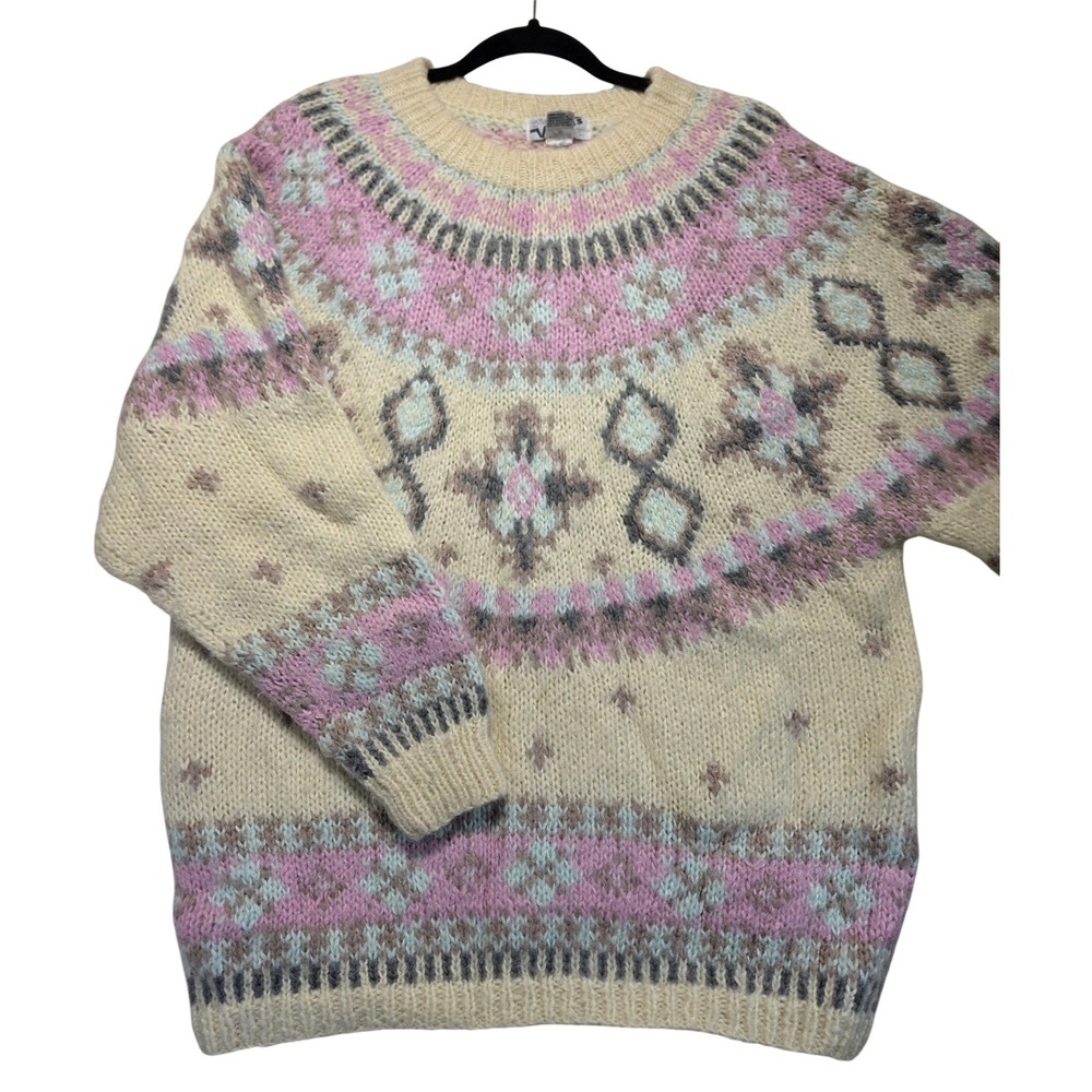 Visions Vintage Fair Isle Sweater Womens Medium Cream Pink Wool Blend Crewneck